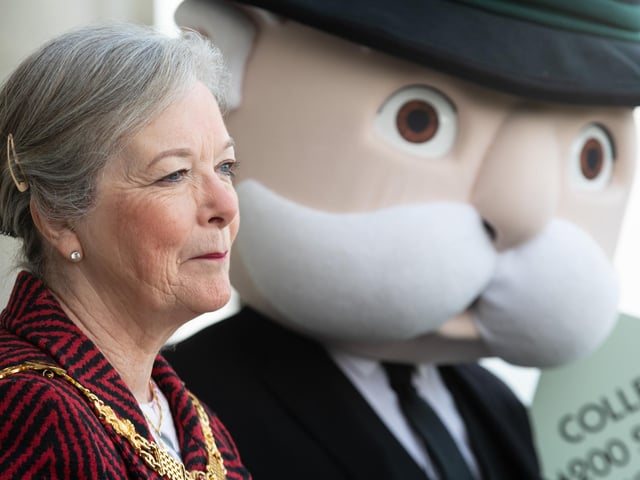 The Mayor of Lancaster Coun Joyce Pritchard with Mr Monopoly at the launch event of Lancaster's version of Monopoly.