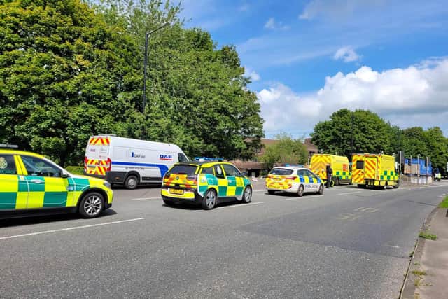 Police and ambulances at the scene of an accident on Caton Road in Lancaster. The road has since reopened. Picture by Debbie Butler.
