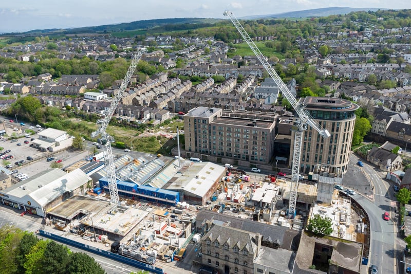 Drone picture of work under way on the new student apartments between Caton Road and Bulk Road in Lancaster.