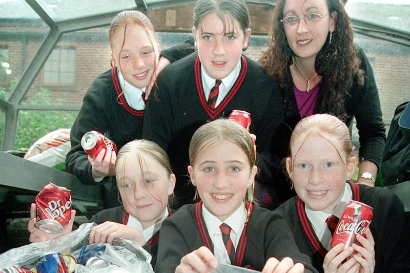 Pupils from Morecambe High School, Kimberly Sharrod, Lucy Hipwell, Stacey Nicholson, Sara Lisgo and Ellen Tibke, are busy recycling with teacher Mrs Sheldon, pictured in 2000.