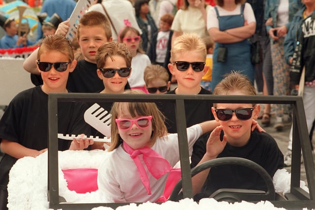 Looking cool... Grease youngsters from left (front): Katie Morton, five, and Martin Biggin, six, Andrew Taylor, eight, John Kelsall, seven, Mathew Escott, eight, and Daniel Holding, seven, from St Thomas' CE School made their mark at Garstang