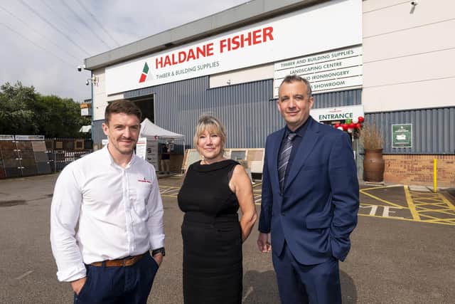 Dan Nield (assistant branch manager) with Jacqui Newton (branch manager) and Simon Walling (managing director) at the official opening event for Haldane Fisher’s new Morecambe branch following a £250,000 investment. Picture by © Paul Adams 2023.