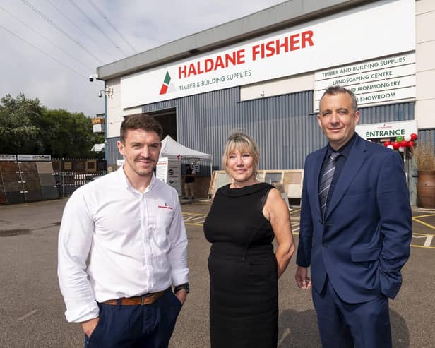 Dan Nield (assistant branch manager) with Jacqui Newton (branch manager) and Simon Walling (managing director) at the official opening event for Haldane Fisher’s new Morecambe branch following a £250,000 investment. Picture by © Paul Adams 2023.