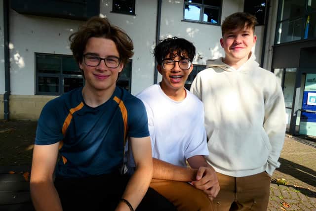 Ripley students celebrate their A-level results: From left, Joe is studying Geography at Exeter, Muhammad has secured his Medicine and Surgery place at Lancaster and Alex begins his gap year prior to apprenticeship.