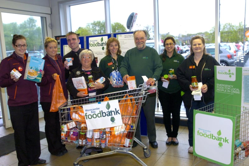 Foodbank collectors, Mike Moore, Carole Brown, Siham Wilson and Ruth Harris, with Sainsbury's Lancaster store staff, who held a food collection for the Morecambe Bay Foodbank at the store.
