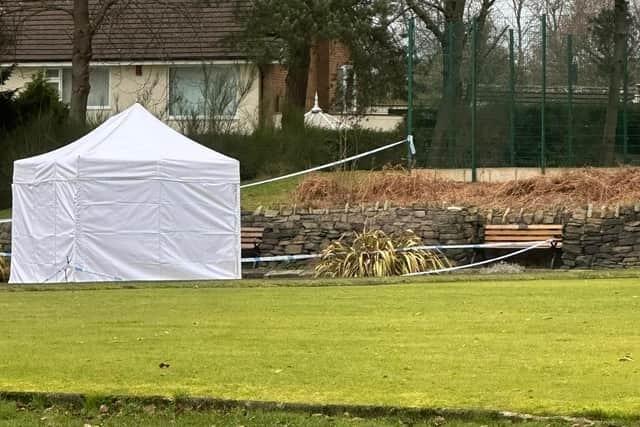 A white forensics tent in Astley Park, Chorley, where a teenage girl was raped on February 3, 2023. Following enquiries, a 17-year-old boy was arrested in the park on suspicion of rape. He remains on bail and the investigation is ongoing.