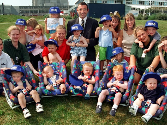 Toddlers at Heysham Power Station's creche in their new safety seats donated by divisional director of Kwik Fit, Alan Denton.