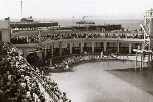 The opening of Morecambe's Super Swimming Stadium in 1936. The massive structure measuring 396 feet by 110 feet was said to be the largest outdoor pool in Europe when it opened, accommodating some 1,200 bathers and 3,000 spectators.