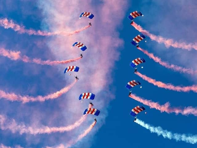 RAF Falcons parachute display team 2018 ratification by AOC 2 Group AVM David Cooper at RAF Brize Norton.