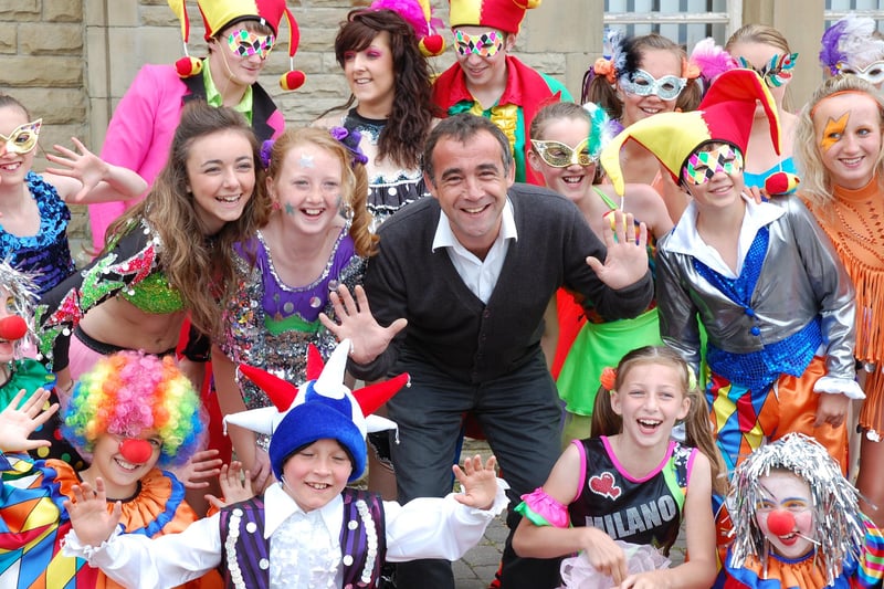 Michael Le Vell (Kevin Webster from Coronation Street) with youngsters from dance group Dance Fusion who performed at a Platform music event in Morecambe presented by Steve Middlesbrough.