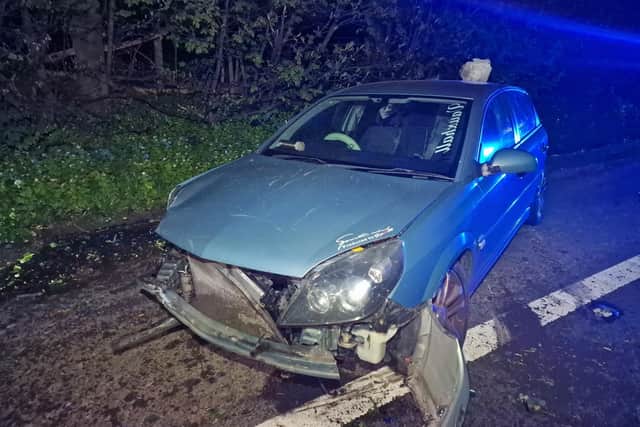 This Vauxhall Vectra was struck by a coach full of passengers on the M6 at Lancaster after it was left in the first lane of the motorway. Picture by Lancs Road Police.