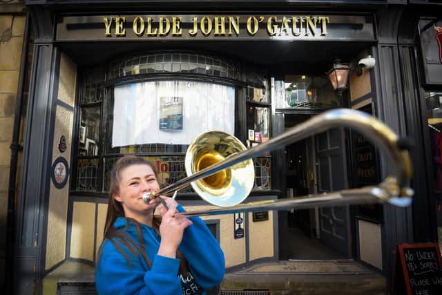 Becca Pattison, marketing director for Lancaster Music Festival in 2021, outside Ye Olde John O'Gaunt pub before her gig with the band Give It Some.