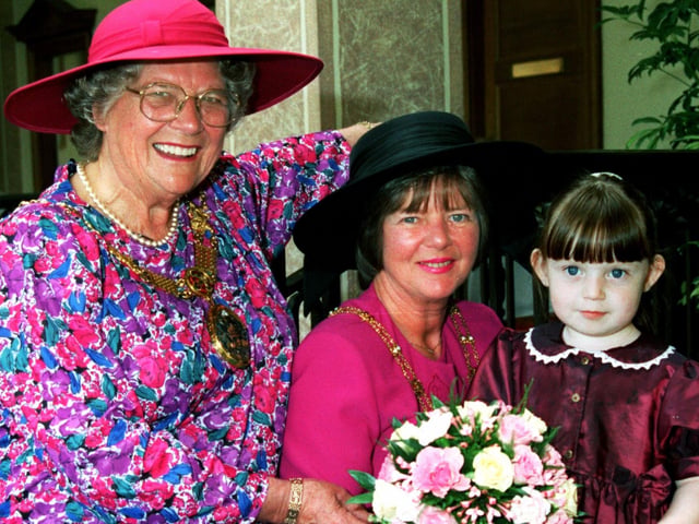 Stephanie Strong presents flowers to the Mayor of Lancaster Coun Janet Horner and Mayoress Catherine Strong during the Mayoral at home at Morecambe Town Hall.