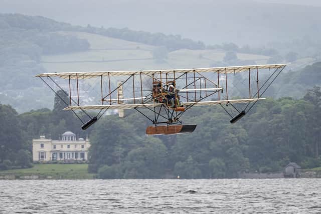 Pete Kynsey took the replica Waterbird on its maiden flight (pictured), at first attempt, in secret trials on Windermere on June 13 this year.