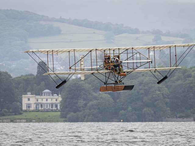 Pete Kynsey took the replica Waterbird on its maiden flight (pictured), at first attempt, in secret trials on Windermere on June 13 this year.