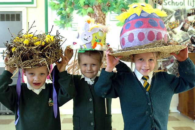 George Williams-Snape, Olivia Yates and Scarlett Lord showing off their Easter bonnets at Lytham CE School in 2007