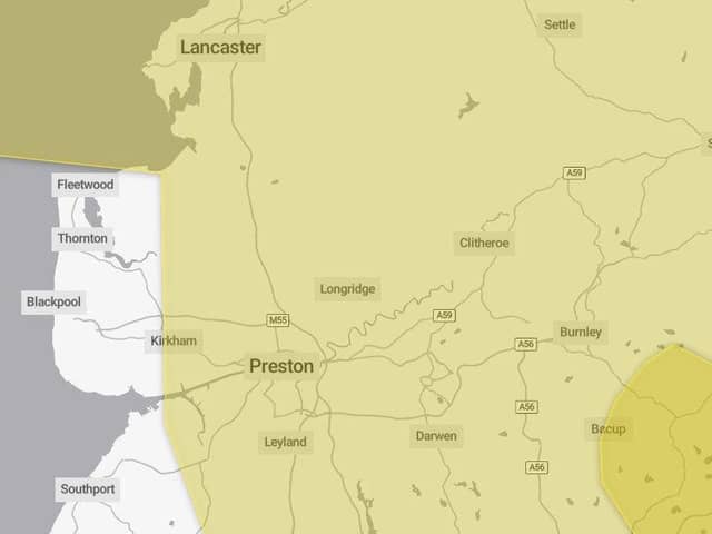 The Met Office map showing the extent of the yellow weather warning in place from 5pm Sunday until 12noon Monday (image: Met Office)