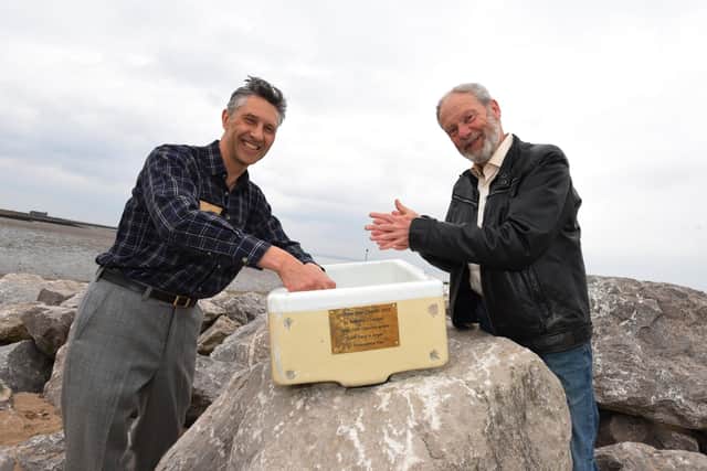 Artist Anthony Padgett, left, and local historian Peter Wade at the official unveiling of the 'Kitchen Sink Drama' sculpture.