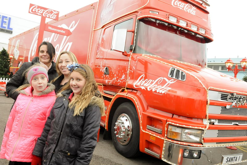 The Coca-Cola Christmas truck arrives in Morecambe. Pictured are Simone Mason, Amanda Morgan, Sadie Morgan and May Mashiter.
