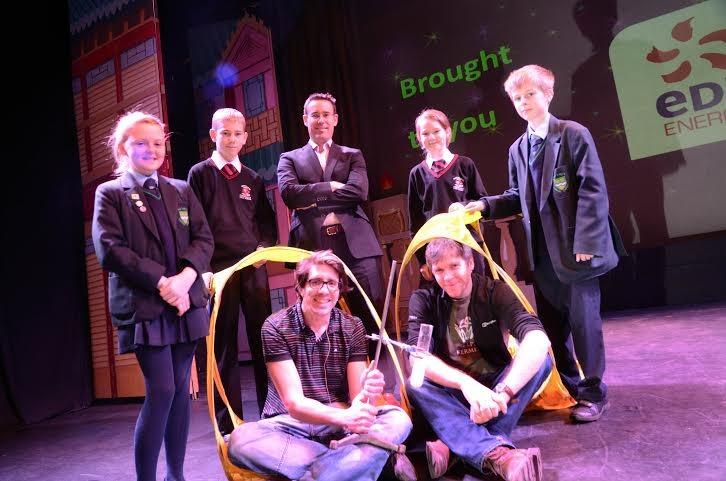 Morecambe High School pupils Jason Dixon and Millie Wattam and Our Lady's Catholic College pupils Caitlin Kelly and Joseph Murphy at a science show at the Grand in Lancaster, with Ian Haines, technical and safety manager at Heysham 2 power station, and performers Nic Harrigan and Simon Watt.