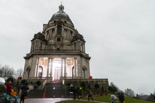 Lights shine through the Ashton Memorial as filming for Peaky Blinders gets under way in Lancaster.