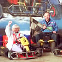 Councillor Jean Yates at the Heysham Go Karting track with owners Stephen and Jackie Spavin, 1997.