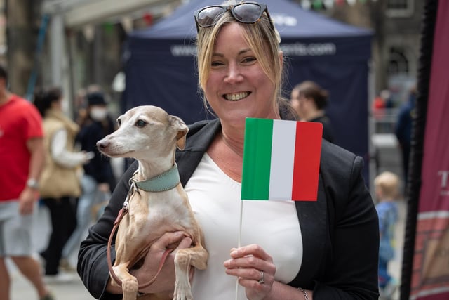 Lancaster Festa Italia. Nicola Tresham and her Italian Greyhound, Aldo.