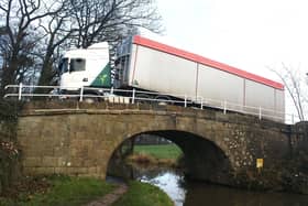 A lorry crossing Lancaster Canal at the Cockerham Road bridge.