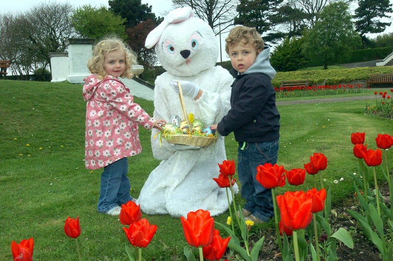The Easter bunny gets ready for an Easter Extravaganza in Happy Mount Park, with the help of youngsters, Katie Taylor and Drew Crocott.