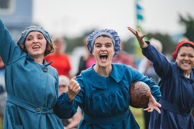 Ladies playing football in vintage gear at the vintage festival. Picture by Robin Zahler.