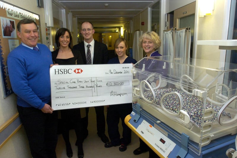 Staff from the HSBC bank in Lancaster, Premier manager Emma Sanderson and Lancaster branch manager Andrew Hampson, present a cheque for £12,300 to chairman of the Neonatal Unit at the Royal Lancaster Infirmary, Chris Gartside (left), matron Angela Whittaker (right) and sister Clare Remington.