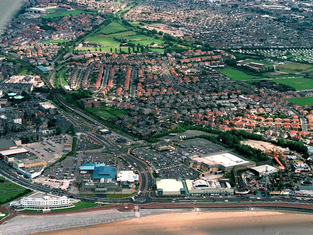 An aerial view of Morecambe Central including Bubbles, the Midland Hotel, Frontierland, Apollo Cinema and Morrisons supermarket in 2002.