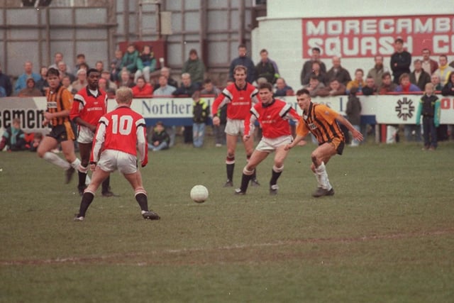 Action from the Morecambe v Hull football match