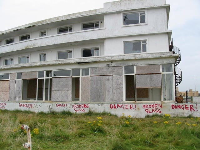 Smashed windows at Morecambe's Midland Hotel in 2002 before its restoration