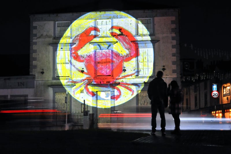 Art done by local schoolchildren was projected onto The Queens hotel in Morecambe for Baylight 2024.