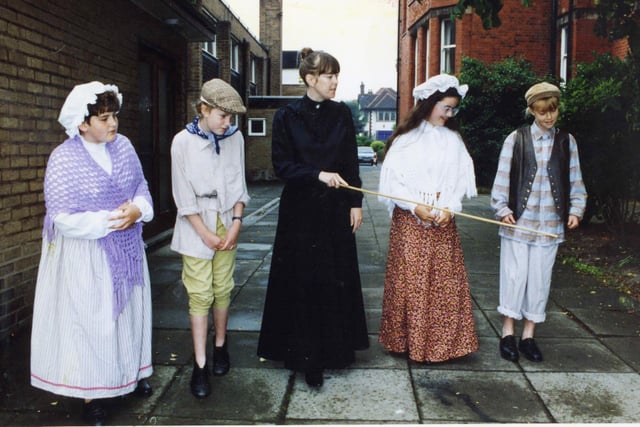 A walk in the school grounds of Elmslie Girls School in Victorian dress for Jodie Prenger, with teacher Mrs Coyne and fellow pupils Claire Armstrong, Davina Clavering and Katie Thompson