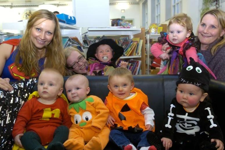 Olavg Grude, Lachlan Darragh, Isaac Shallis, Ella Muckalt and Eli Pink, Marsha Schofield, Emma and Evie Parkinson having fun at a Baby Bounce and Rhyme Halloween event held at Lancaster Library.
