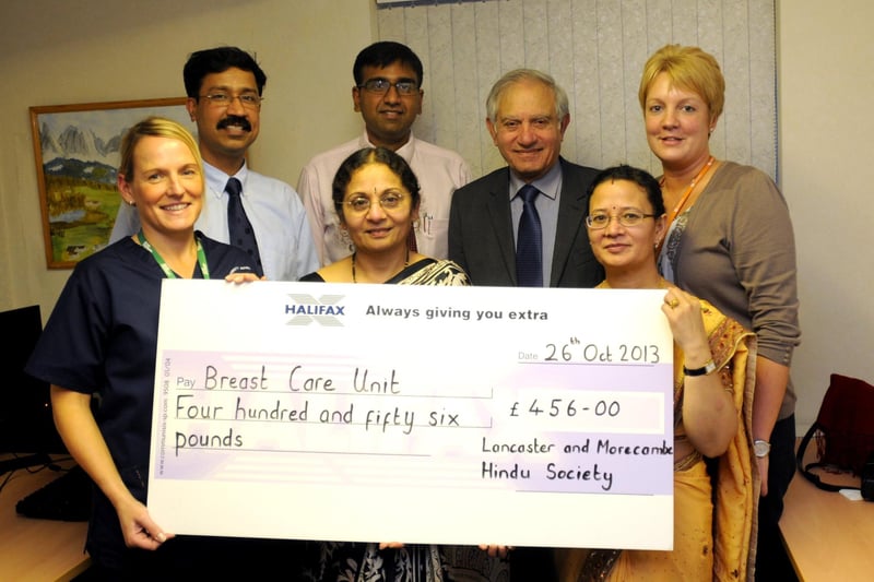 Members of the Lancaster and Morecambe Hindu Society, Harsha Skukla, Kapila Shrestha and Hira Kapur, present a cheque for £456 to staff from the Breast Unit at the Royal Lancaster Infirmary. Accepting the cheque are Dr Sreekumar Rajan, consultant Rishi Parmeshwar, Ruth Benn and Kate Whiteside. The money was raised at a raffle during a Diwali celebration at Lancaster Town Hall.
