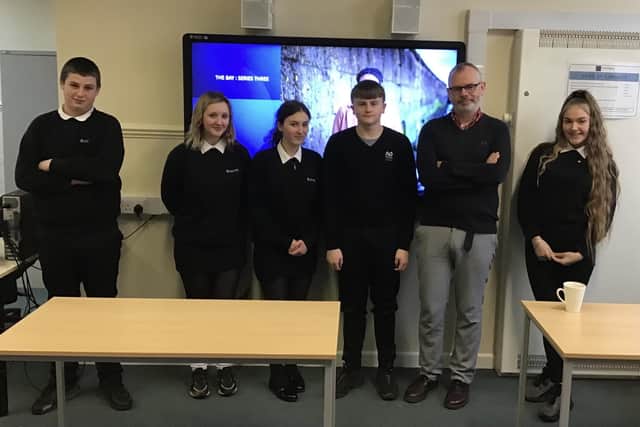 The Bay writer Daragh Carville at Chadwick High School in Lancaster with some of the students.