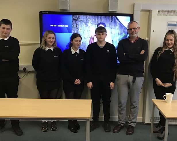 The Bay writer Daragh Carville at Chadwick High School in Lancaster with some of the students.