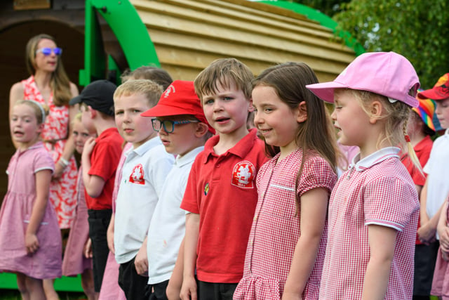 Pupils from Wray Primary School perform a song to celebrate the opening of their new learning pods. Photo: Kelvin Stuttard