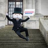 Mr Monopoly at the launch event of Lancaster's edition of Monopoly on the steps of Ashton Memorial.