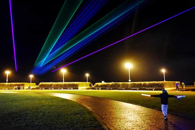 Laser beams shine out from the Winter Gardens theatre during Baylight '23 in Morecambe. Picture: Steve Pendrill Photography