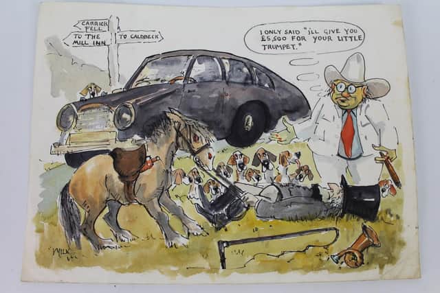 A watercolour ‘Wilk’ cartoon by John William Wilkinson (1906-1994) depicting John Peel of Blencathra Foxhounds and an American gentleman in a 10 gallon hat, is up for auction.