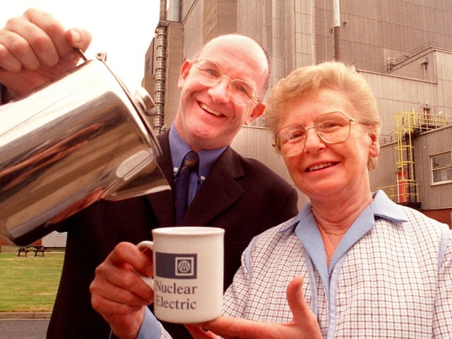 Business support manager John Worsley pouring the tea for tea lady Dot McMillan who retired from Heysham Power Station after 24 years of service.