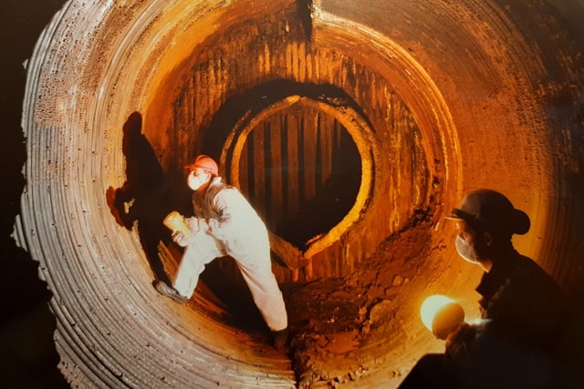 Fitters Ron Jones and Darre Fare (left) inside one of the three giant boilers at the ICI power station in Fleetwood