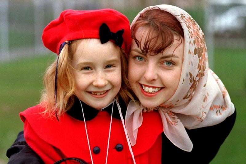 Moorside Primary School pupil Lucy Gager and trainee teacher Debbie Arrowsmith wear period costume for the school's `Evacuation Day' in 1998.