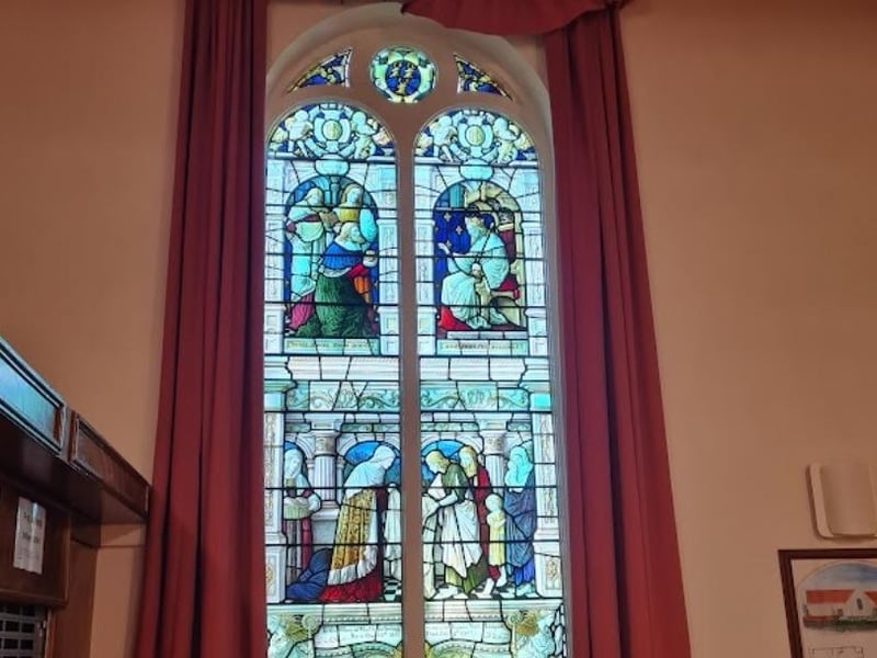 Two of the windows from the old church were moved there and can be seen to this day. This one dates from 1902 and commemorates Frances Noble Lamport. Photo: Shaun Corkerry.
