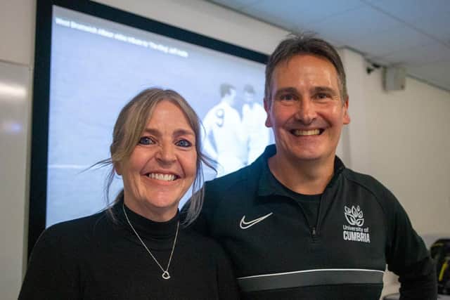 Dawn Astle with senior lecturer in sport at the University of Cumbria, Dr Mark Christie.