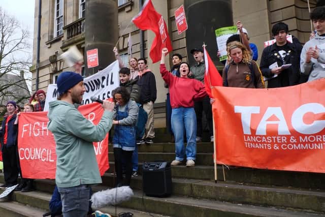 Protest at Lancaster Town Hall by members of the Lancaster & Morecambe Tenants and Community Union.